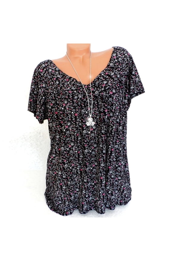 Women Plus Size V-Neck Print Blouse Short Sleeves Pullover Tops Shirt Black XXL