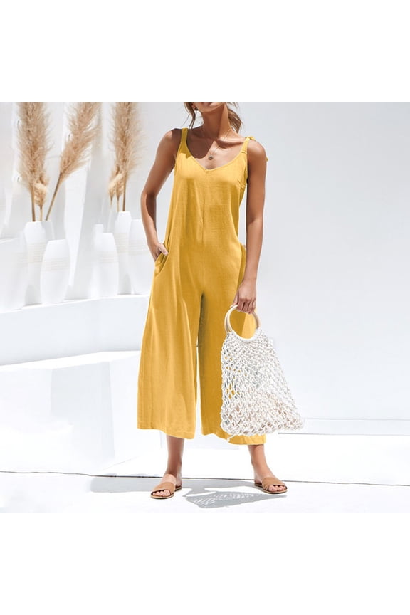 Women'S Jumpsuits Casual Sleeveless 2026 Loose Leg Pants One Piece Jumpsuits Overalls V Neck Date Night Vacation Womens Rompers with Pocket For Summer M