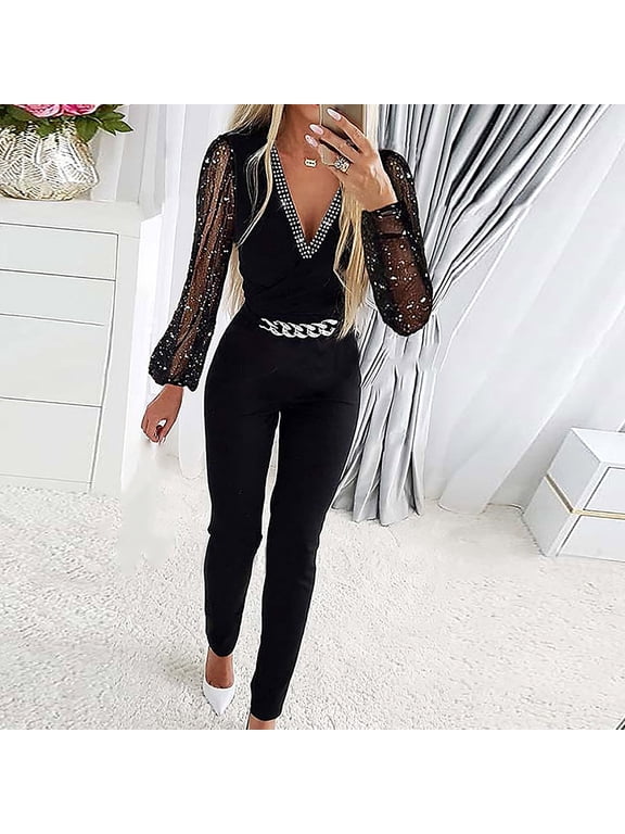 Women'S Jumpsuits Mesh Formal Sleeveless 2026 Long Pant Long Sleeve One Piece Jumpsuits Crew Neck Baggy Overalls Going Out Vacation Summer Rompers For Women S