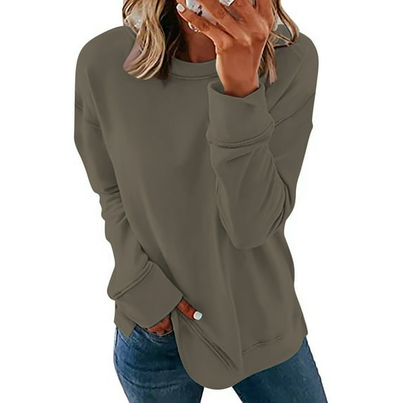 BEFOKA Women Solid Color Sweatshirt Trendy Drop Shoulder Long Sleeve Top Round Neck Pullover Blouse Shirts Going Out Top Womens Loose Tops 2025 Light Women's Basic Tops