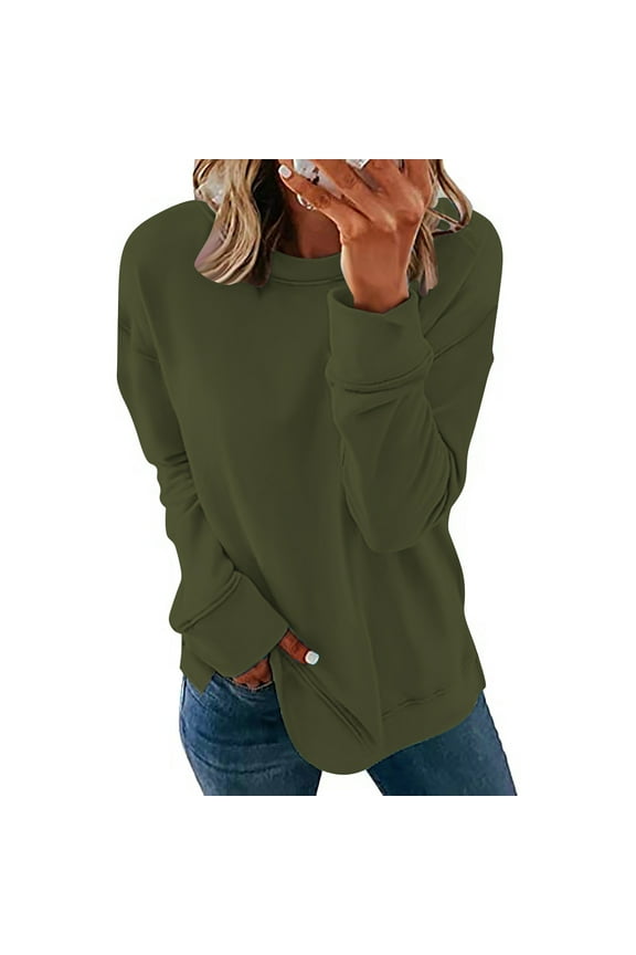 Women Solid Color Sweatshirt Trendy Drop Shoulder Long Sleeve Top Round Neck Pullover Blouse Shirts Going Out Top Womens Loose Tops 2025 Light Women's Basic Tops