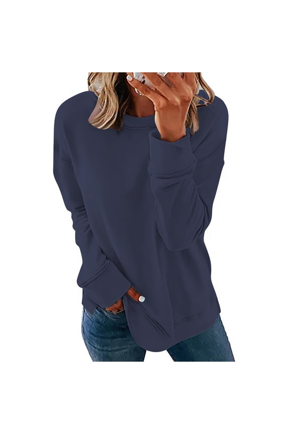 Women Solid Color Sweatshirt Trendy Drop Shoulder Long Sleeve Top Round Neck Pullover Blouse Shirts Going Out Top Womens Loose Tops 2025 Light Women's Basic Tops