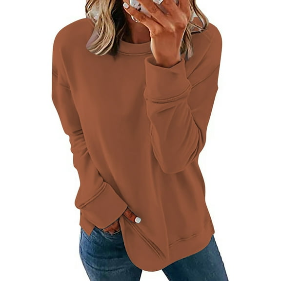 BEFOKA Women Solid Color Sweatshirt Trendy Drop Shoulder Long Sleeve Top Round Neck Pullover Blouse Shirts Going Out Top Womens Loose Tops 2025 Light Women's Basic Tops