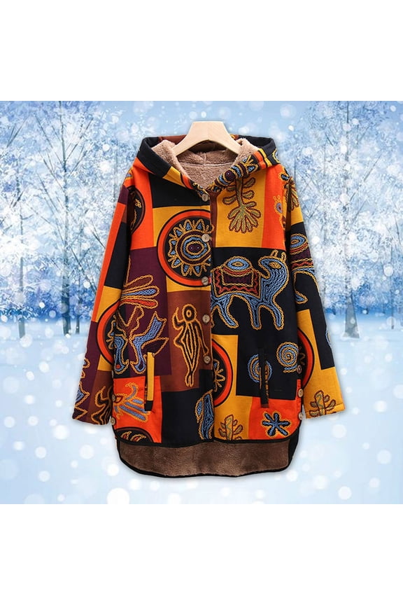 Women Winter Coat Warm Collar Button Down Ethnic Printed Long Jackets Coat Female Retroes Button Coat Hooded Outwear Fuzzy Jackets