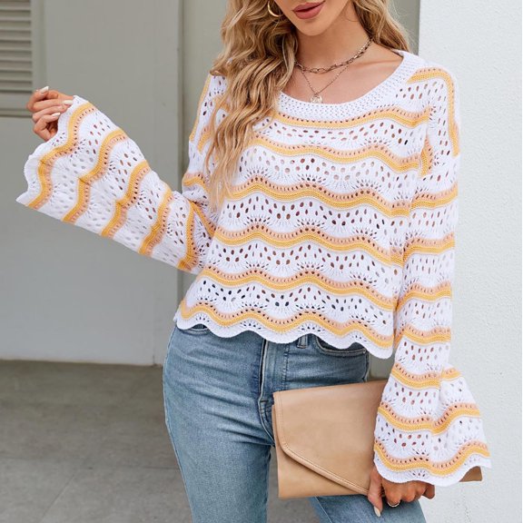 BEFOKA Women's 2025 Crop Shirt Fall Knit Shirts Pullover Sweaters Cutout Long Sleeve Crewneck Sweatshirt Clothing Basic Tees Shirts Loose Fits