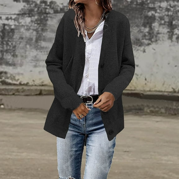 BEFOKA Women's Chunky Knit Open Front Sweater Long Sleeve Button Loose Short Cardigan Outerwear Coats