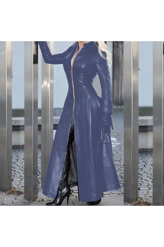 Women's Elegant Lapel Collar Slim Fits-Flare Zipper Front Leather Long Jackets Trench Coat