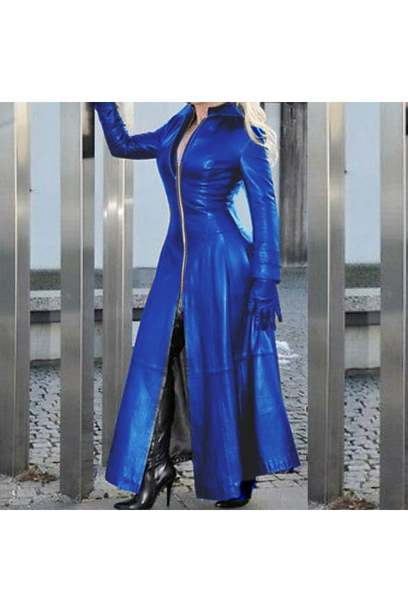 Women's Elegant Lapel Collar Slim Fits-Flare Zipper Front Leather Long Jackets Trench Coat