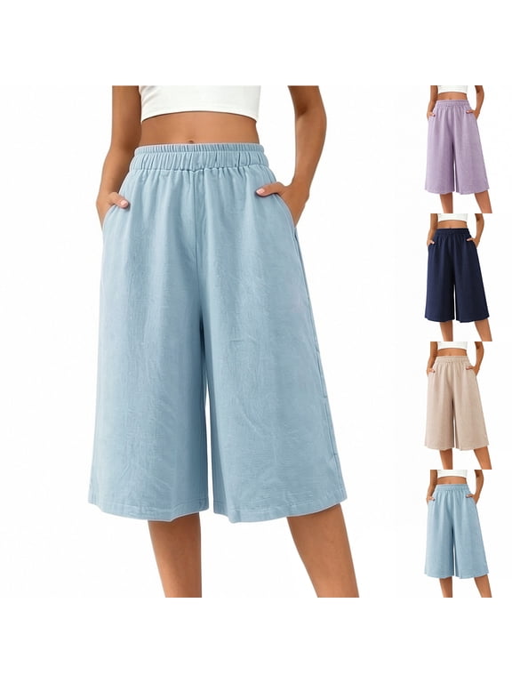 Women's Extended Sizes High Waisted Wide Leg Cropped Pants Elastic Waist Loose Casual Lounge Pants with Pockets Summer Cotton Linen Blend Capri S-5XL