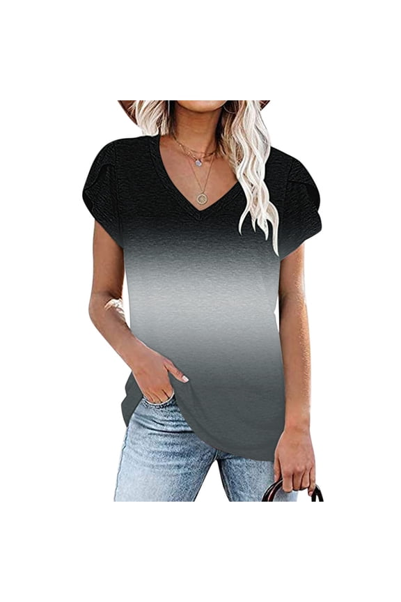 Women's Fashion Printed V Neck Short Sleeve T-shirt Blouse Loose Tops Black L