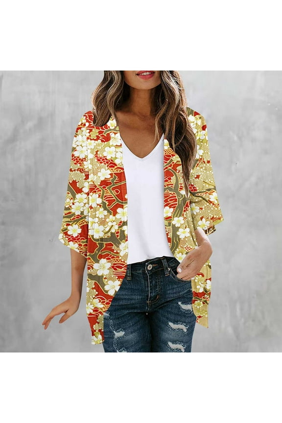 Women's Floral Print Sheer Chiffon 3/4 Sleeve Casual Loose Kimonoes Cardigan Capes Casual Blouses Loose Fits Resort Wear Beach Cover Ups