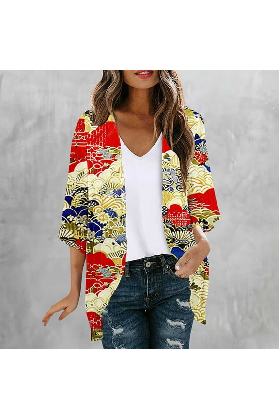 Women's Floral Print Sheer Chiffon 3/4 Sleeve Casual Loose Kimonoes Cardigan Capes Casual Blouses Loose Fits Resort Wear Beach Cover Ups