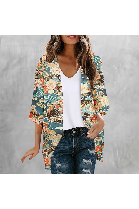 Women's Floral Print Sheer Chiffon 3/4 Sleeve Casual Loose Kimonoes Cardigan Capes Casual Blouses Loose Fits Resort Wear Beach Cover Ups