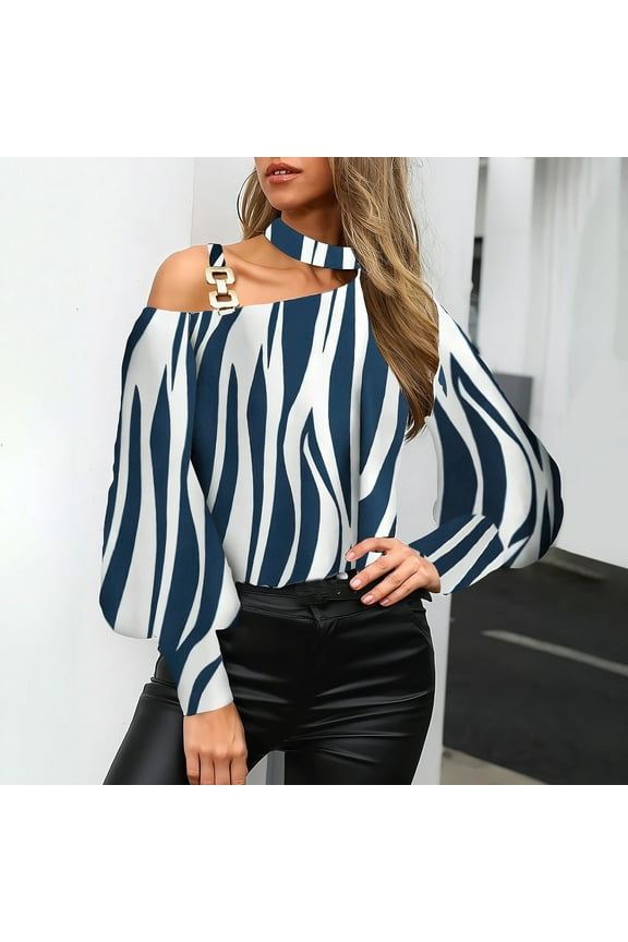 Women's Floral Print Turtleneck Neck Halters Long Sleeve Tops One Shoulder Puff Long Sleeve Blouse