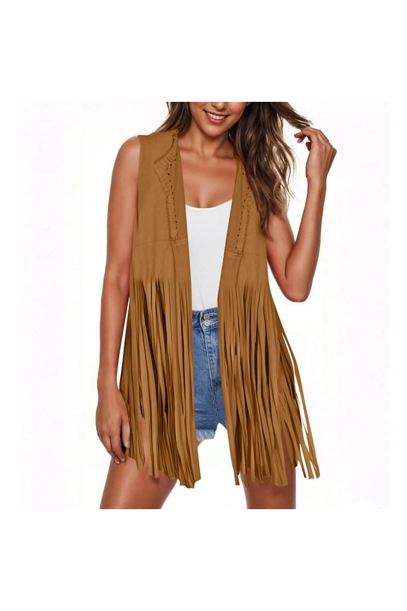 Women's Fringe Vests Long Jacket 70s Hippie Faux Suede Tassel Casual Sleeveless Cardigan for Women 2025