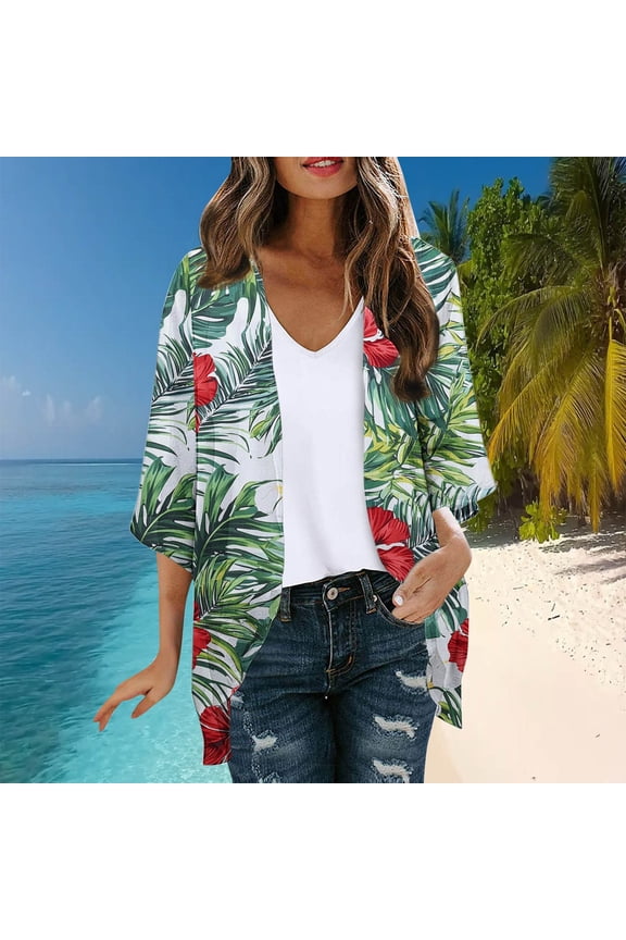 Women's Hawaii Print Sheer Chiffon 3/4 Sleeve Casual Loose Kimonoes Cardigan Capes Casual Blouses Loose Fits Resort Wear Beach Cover Ups Open Front Casual Summer Beach Sun Protecton Tops