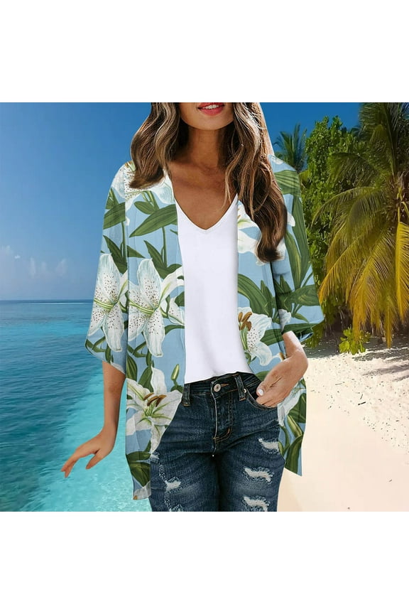 Women's Hawaii Print Sheer Chiffon 3/4 Sleeve Casual Loose Kimonoes Cardigan Capes Casual Blouses Loose Fits Resort Wear Beach Cover Ups Open Front Casual Summer Beach Sun Protecton Tops