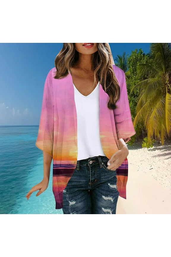 Women's Hawaii Print Sheer Chiffon 3/4 Sleeve Casual Loose Kimonoes Cardigan Capes Casual Blouses Loose Fits Resort Wear Beach Cover Ups Open Front Casual Summer Beach Sun Protecton Tops