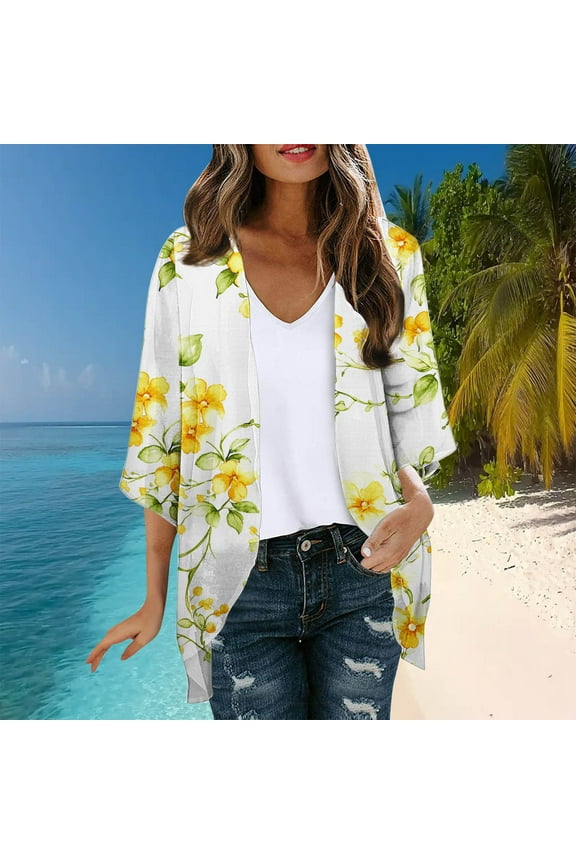 Women's Hawaii Print Sheer Chiffon 3/4 Sleeve Casual Loose Kimonoes Cardigan Capes Casual Blouses Loose Fits Resort Wear Beach Cover Ups Open Front Casual Summer Beach Sun Protecton Tops