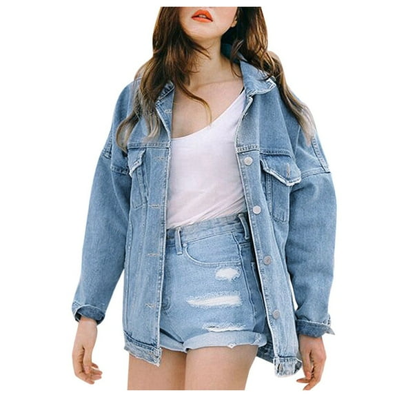BEFOKA Women's Jean Jacket Long Sleeve Button Up Denim Jacket Frayed Boyfriends Denim Jacket With Pockets Trendy Loose Shacket Fall Trucker Coats