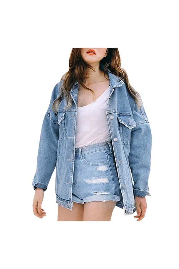 Women's Jean Jacket Long Sleeve Button Up Denim Jacket Frayed Boyfriends Denim Jacket With Pockets Trendy Loose Shacket Fall Trucker Coats