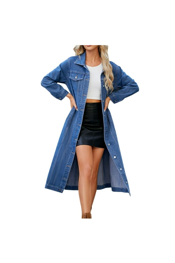 Women's Long Denim Jacket Long Sleeves Jean Jackets Button Up Lightweight Denim Shirts
