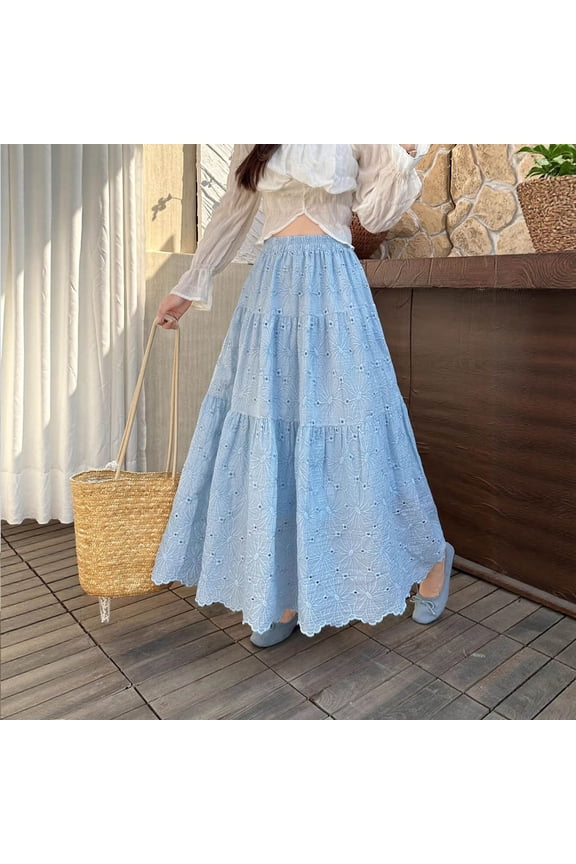 Women's Long Maxi Skirt 2026 Boho Flowy Flared Ruffle Skirts Cutout Beach Vacation Spring Going Out Outfits Casual Free Size Blue