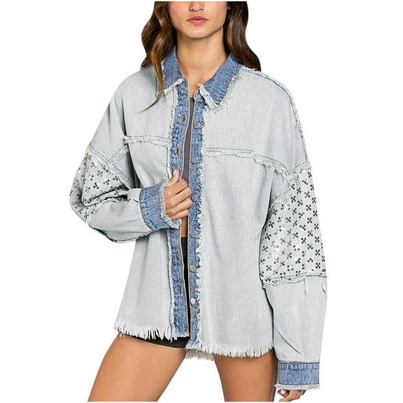 BEFOKA Women’s Oversized Button Up Frayed Hem Shacket Long Sleeve Pockets Denim Jean Jacket