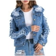 thumbnail image 1 of BEFOKA Women’s Oversized Button Up Frayed Hem Shacket Long Sleeve Pockets Denim Jean Jacket, 1 of 8