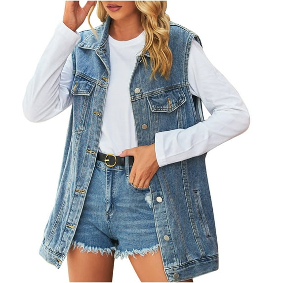 BEFOKA Women's Oversized Denim Vest Mid Long Jean Vest Sleeveless Jackets Distressed Vests Lightweight Denim Shirts