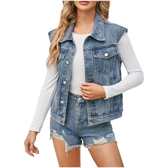 BEFOKA Women's Oversized Denim Vest Mid Long Jean Vest Sleeveless Jackets Distressed Vests Lightweight Denim Shirts