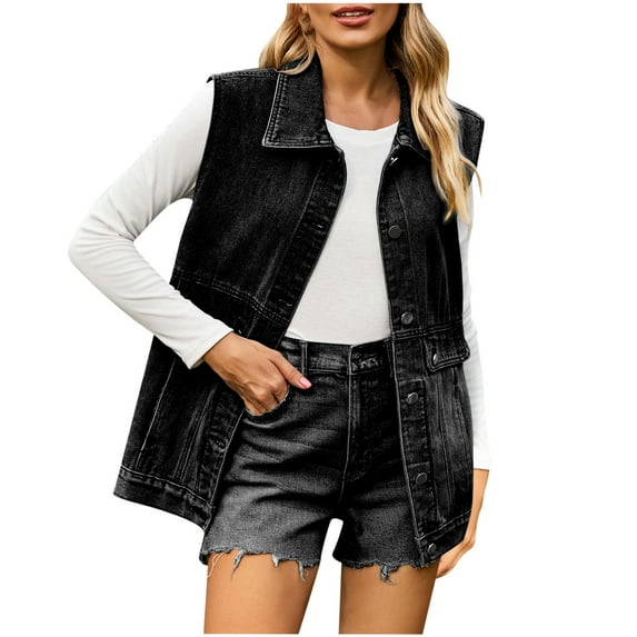 BEFOKA Women's Oversized Denim Vest Mid Long Jean Vest Sleeveless Jackets Distressed Vests Lightweight Denim Shirts