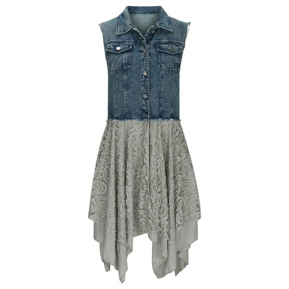 BEFOKA Women's Oversized Denim Vests Mid Long Jean Vests Lace Hem Sleeveless Jackets Lightweight Denim Shirts