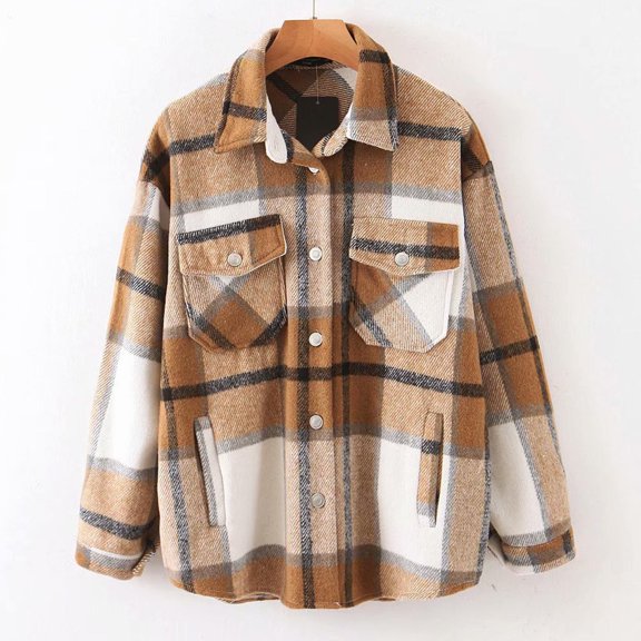 BEFOKA Women's Shirts Long Sleeve Button Up Boyfriends Blouses Tops Flannel Shirts 2025 Fall Outfits Long Sleeve Plaid Shackets Jacket Coats Business Casual Blouse Top