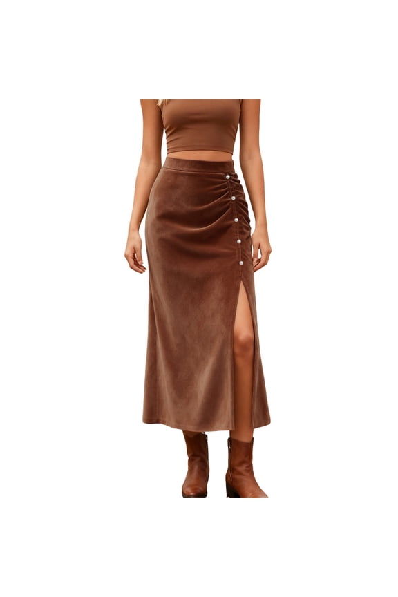 Women's Skirt Bodycon Casual Split Hem Midi Skirts Wrap Bodycon Classy Party Skirts XL Brown