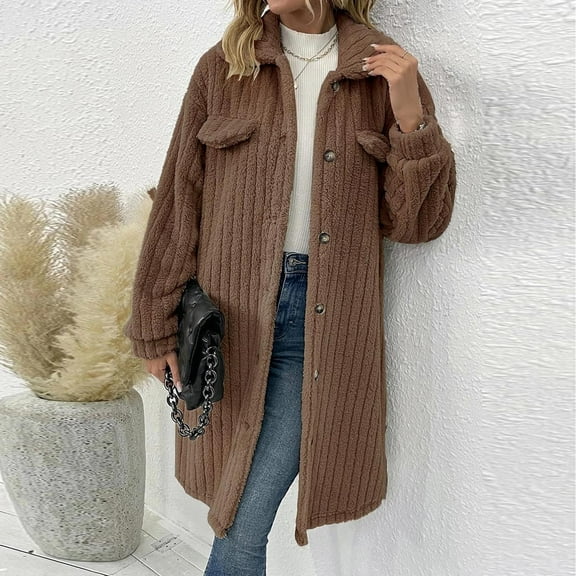 BEFOKA Women's Winter FuzzyCoats Long Sleeve Fleece Button Jacket Coats Trendy Outerwear Cardigan for Women 2025 Winter Flannel Outfits Casual Blouse Top Warm Clothes