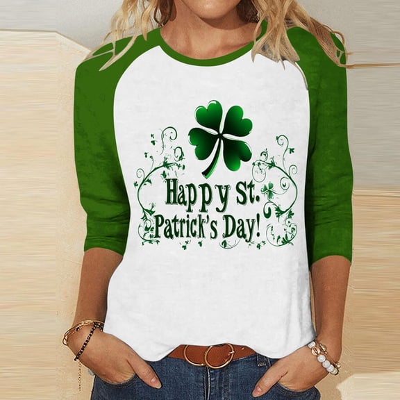 BEFOKA Womens 3/4 Long Sleeve Shirts St Patricks Day Crewneck Sweatshirt Irish Shamrock Printed Pullover Sweatshirts Tops Casual Tees & Blouses Letter Graphic T-Shirts Fall Winter Fashion 2026