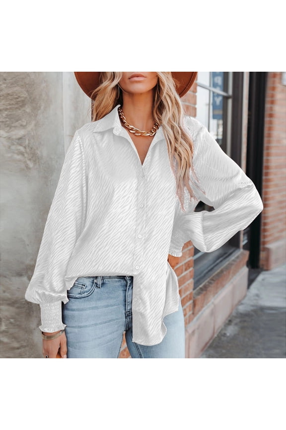 Womens Button Up Ruffled Shirts Puff Long Sleeve Dress Shirts Casual V Neck Collared Tops Work Office Blouse