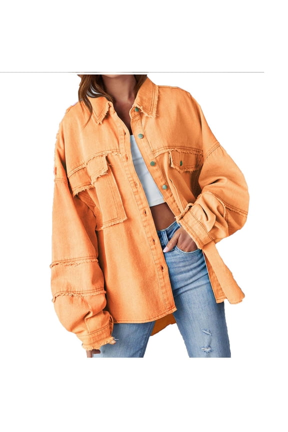 Womens Denim Jackets Long Sleeve Distressed Frayed Jean Jacket V Neck Collarless Coats Trendy Loose Shacket Fall Trucker Coats Going Out Tops for Women