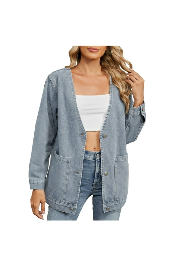 Womens Denim Jackets Long Sleeve Jean Jacket V Neck Collarless Coats Trendy Loose Shacket Fall Trucker Coats Going Out Tops for Women
