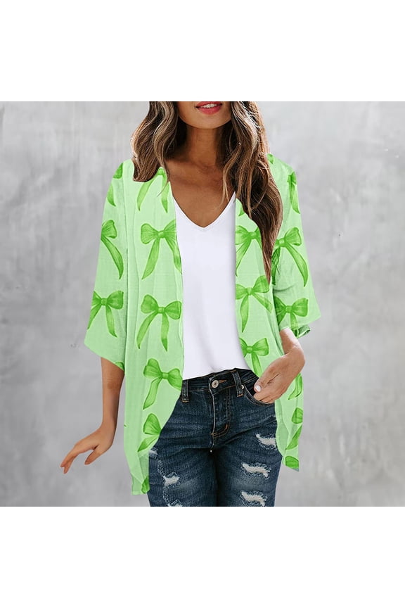Womens Floral Chiffon Kimonoes Cardigans 3/4 Sleeve Loose Fits Hawaii Print Cover Up Half Sleeve Tops Casual Beach Wear Sun Protecton Lightweight Sweaters Short Shawl Summer Tops