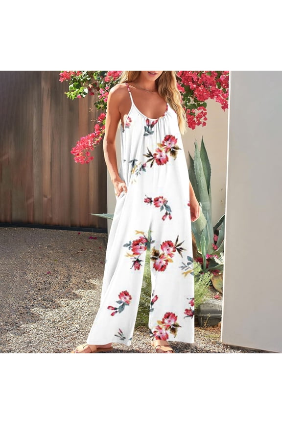 Womens Floral Jumpsuits Sleeveless Spaghetti Strap Boho Wide Leg Pant One Piece Jumpsuits Baggy Overalls Crew Neck Going Out Date Night Womens Rompers For Summer S