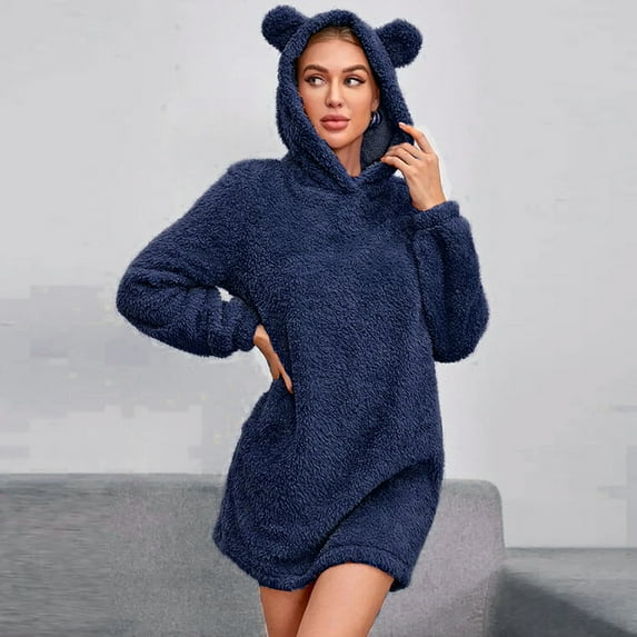 BEFOKA Womens Fuzzy Bear Hoodie Cute Ear Sweatshirts Cozy Pullover Soft Pajamas Thermal Warm Long Shirt Winter Dresses Sleepwear