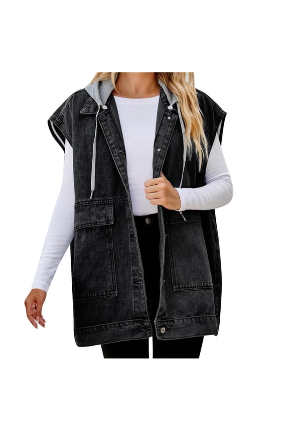 Womens Jean Vest Classic Casual Hooded Denim Jacket Sleeveless Tank Top Coats Trendy Loose Shacket Fall Trucker Coats Going Out Tops for Women Jean Jacket Sweatshirt