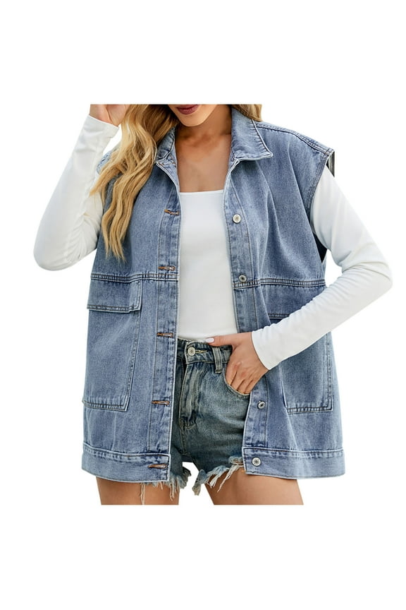 Womens Jean Vests Classic Casual Denim Jacket Sleeveless Tank Top Coats Trendy Loose Shacket Fall Trucker Coats Going Out Tops for Women Jean Jacket Sweatshirt