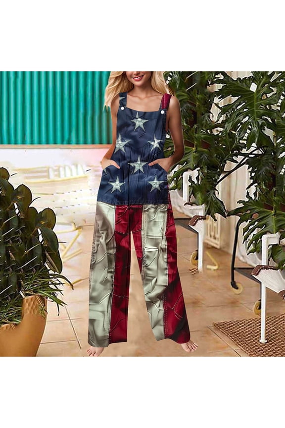 Womens Jumpsuits Sleeveless Boho Wide Leg Pant with Pocket One Piece Jumpsuits Baggy Overalls Crew Neck Womens Summer Beach Rompers Independence Day XL