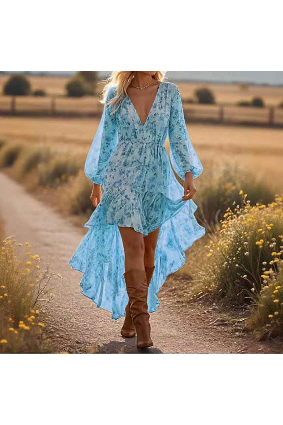 Womens Maxi Dress Irregular Hemline Sundresses Casual Fall Long Sleeve High V Neck Ruffle Flowy Boho Party Long Dresses M Blue