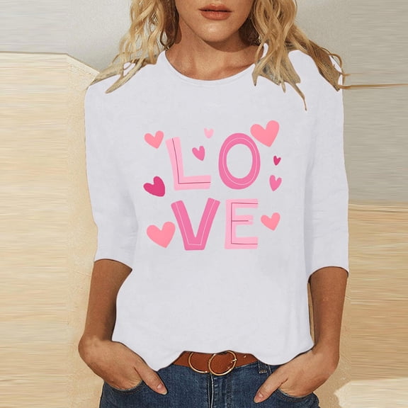 BEFOKA Womens T Shirts 3/4 Long Sleeve Valentine'S Day Crewneck Sweatshirt Love Heart Printed Womens Blouses Cute Tops Pullover Sweatshirt Graphic Tshirts Holiday Outfits Tee Tops