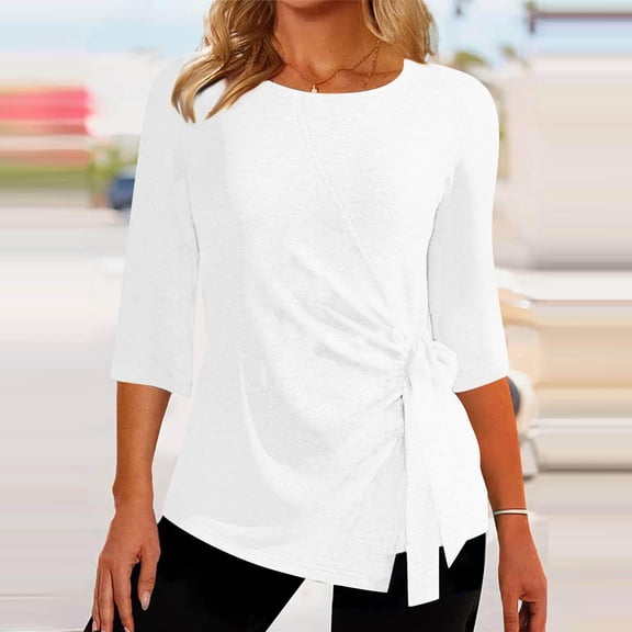 BEFOKA Womens Tops 3/4 Long Sleeve Shirts for Women Fall Tops Dressy Casual Blouses Pleated Crew Neck Tunic Tops Bohemia Print Going Out Top Basic Tops Tshirts for Women