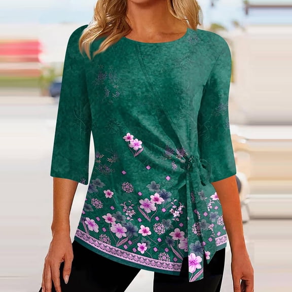 BEFOKA Womens Tops 3/4 Long Sleeve Shirts for Women Fall Tops Dressy Casual Blouses Pleated Crew Neck Tunic Tops Bohemia Print Going Out Top Basic Tops Tshirts for Women